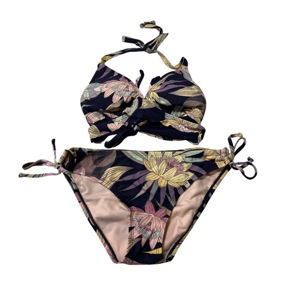 Kona Sol Other - Kona Sol‎ Womens Floral Halter Wrap Bikini Set Navy Pink Yellow Size Small